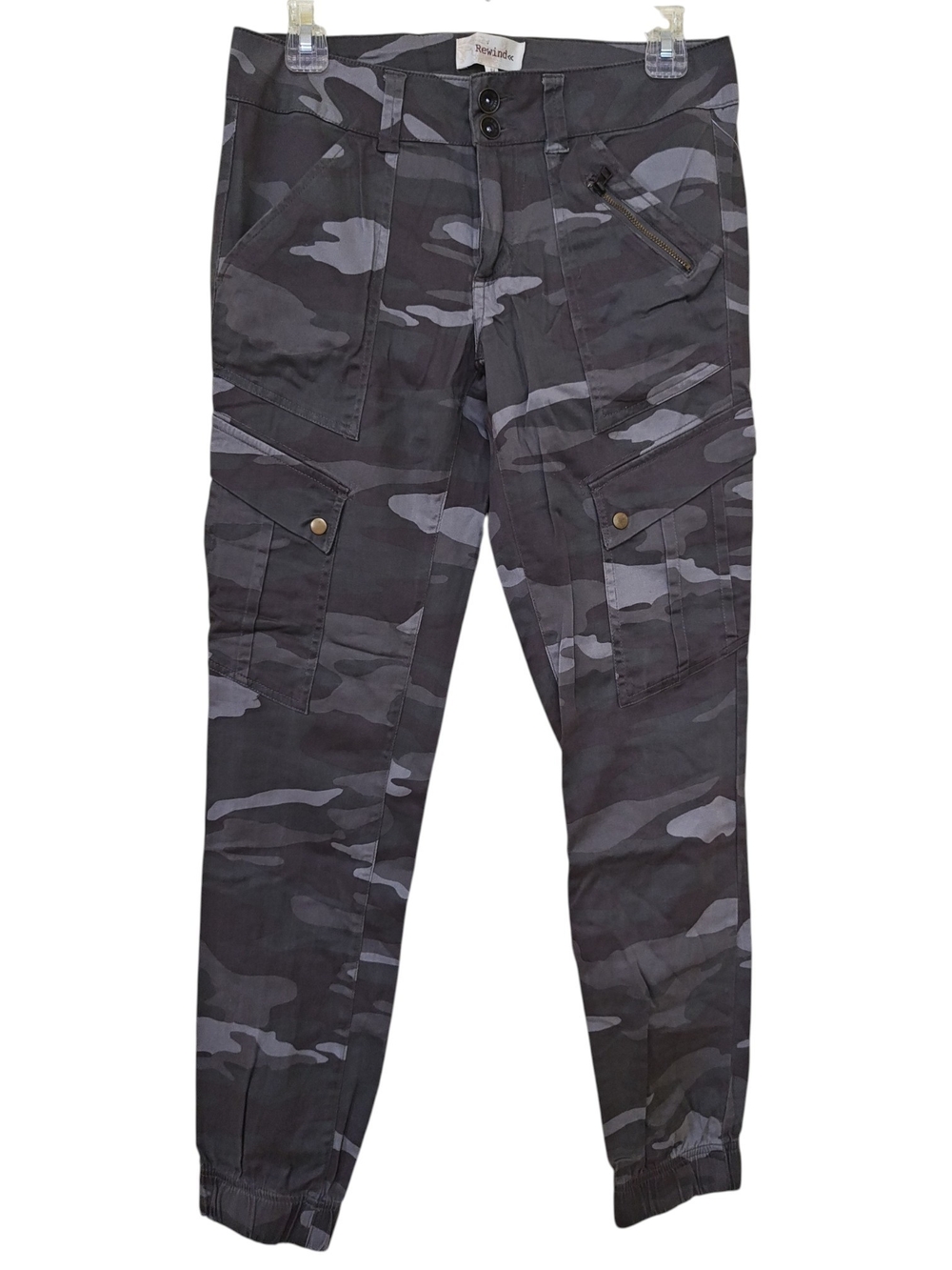 NWT Rewind Women's Size 5 Gray Camo Cargo Jogger Pants Utility Zip Pockets